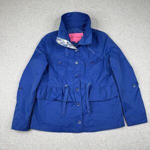 Betsey Johnson Jacket Womens Large Blue Button Down‎ Trench Coat Lace Ruffles